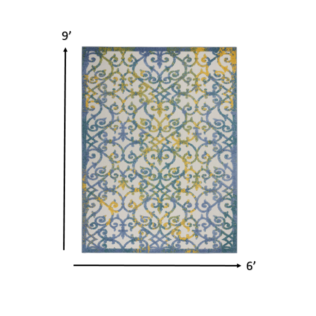 6’ x 9’ Ivory and Blue Indoor Outdoor Area Rug Ivory Blue. Picture 6