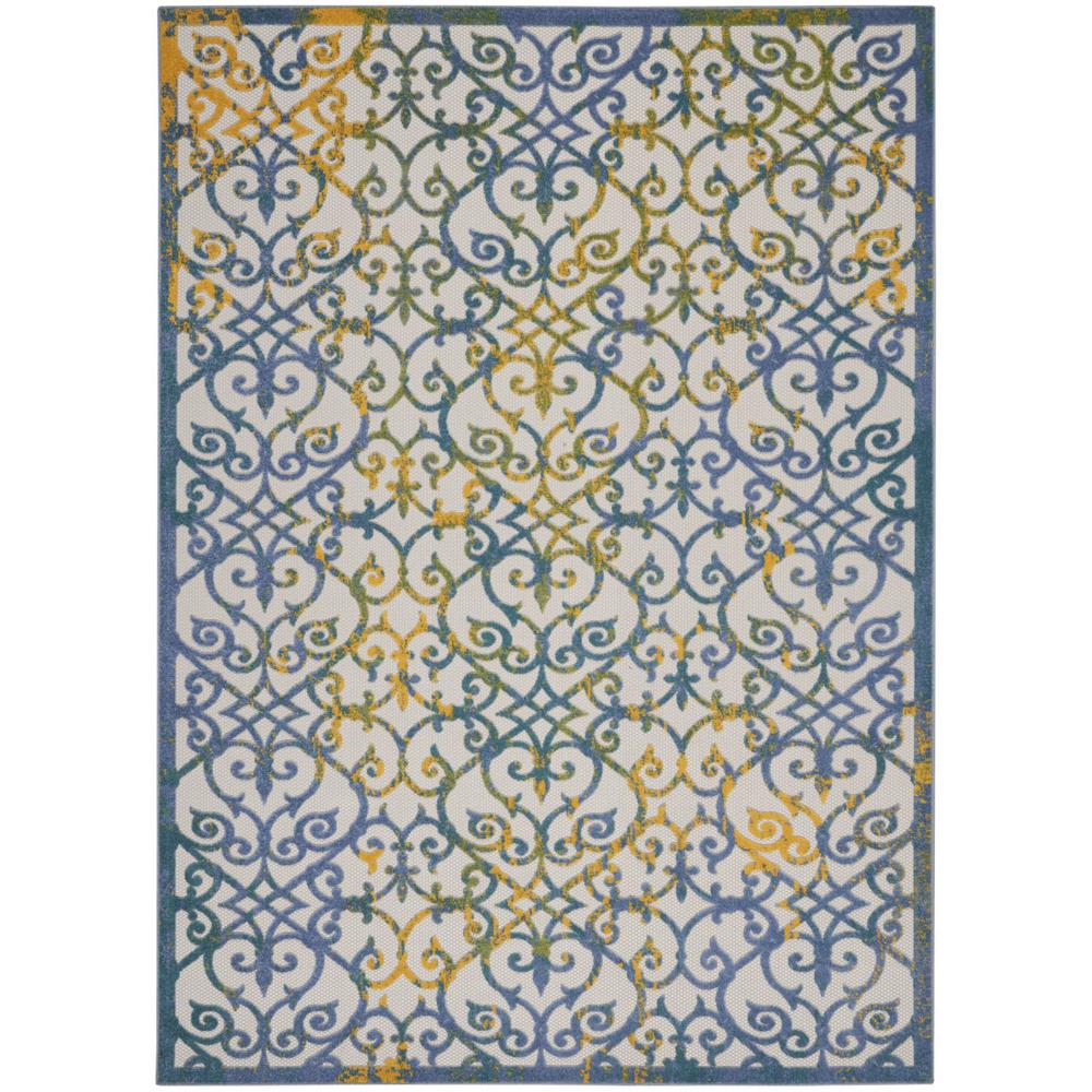 7’ x 10’ Ivory and Blue Indoor Outdoor Area Rug Ivory Blue. Picture 1