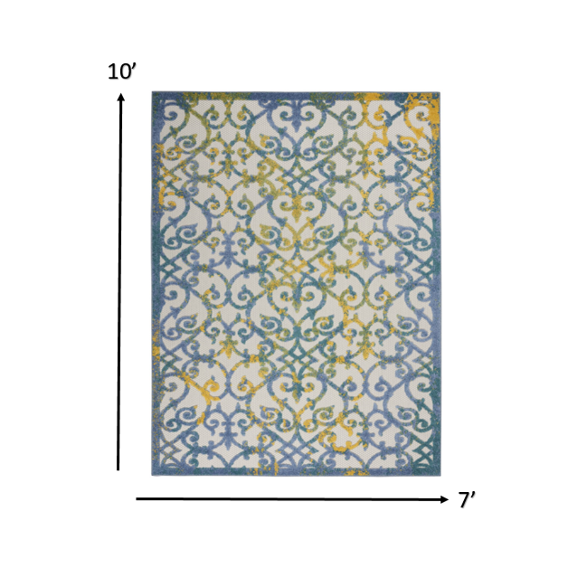 7’ x 10’ Ivory and Blue Indoor Outdoor Area Rug Ivory Blue. Picture 6