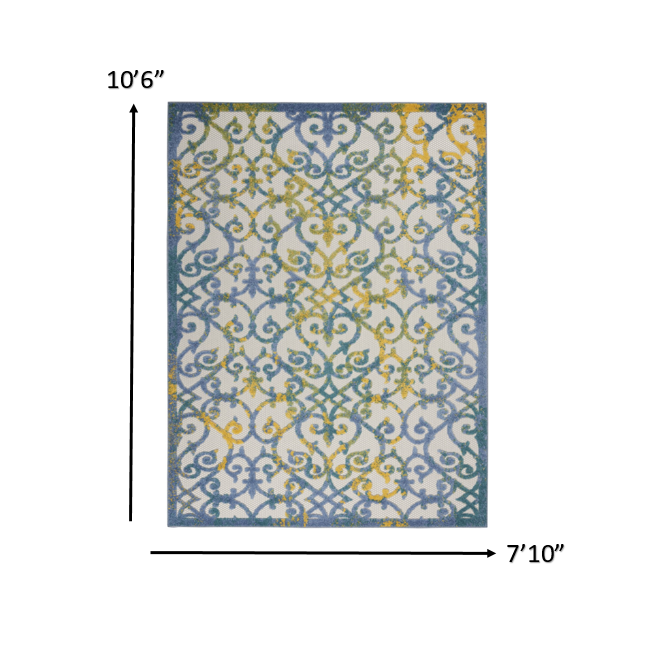 8’ x 11’ Ivory and Blue Indoor Outdoor Area Rug Ivory Blue. Picture 6