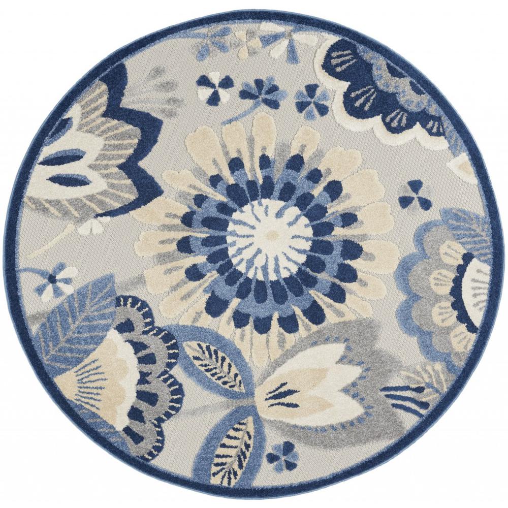 4’ Round Blue and Gray Indoor Outdoor Area Rug Blue/Grey. Picture 1