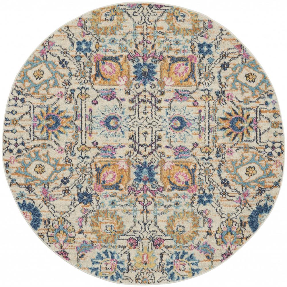 5’ Round Ivory and Multicolor Floral Buds Area Rug - 385213. Picture 1