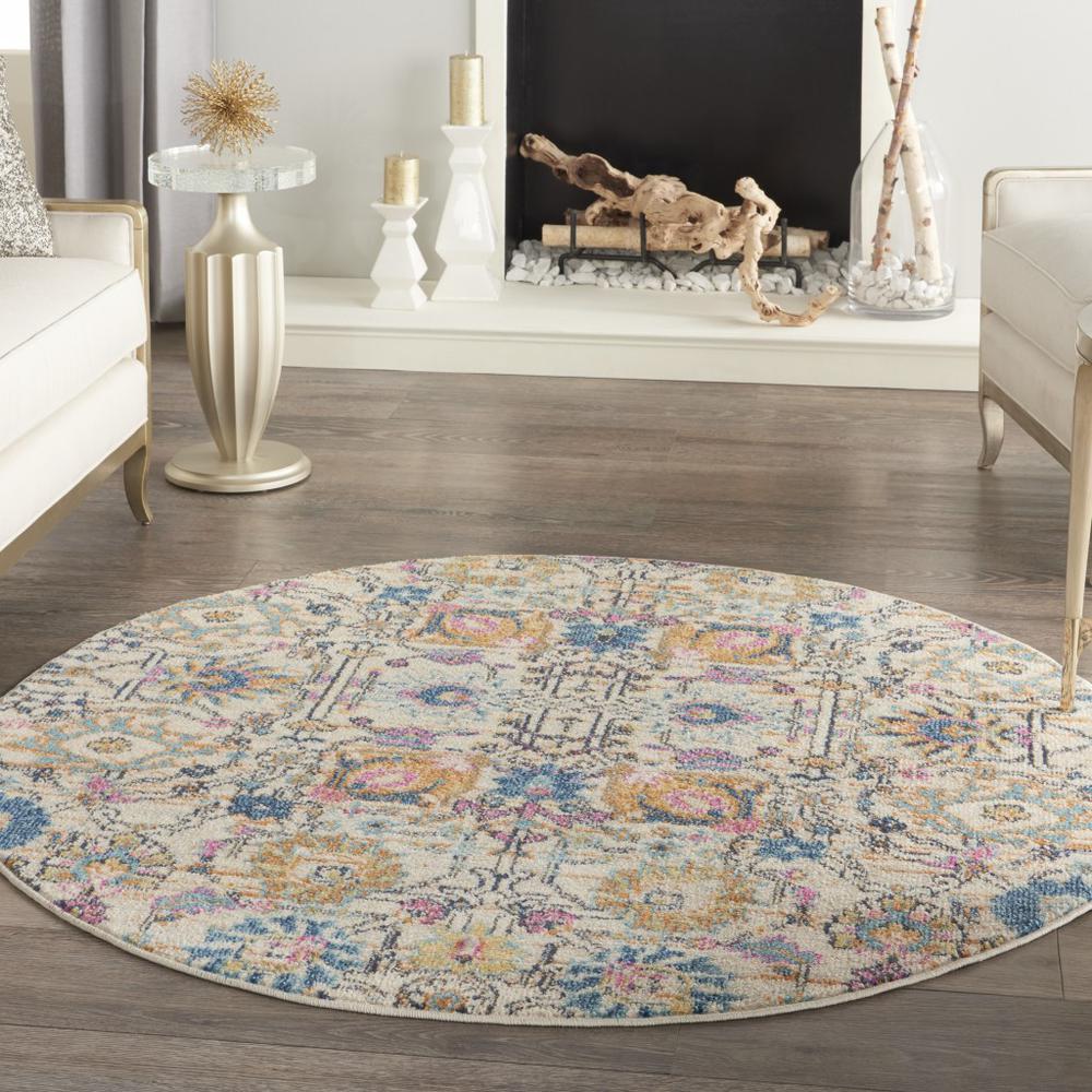 5’ Round Ivory and Multicolor Floral Buds Area Rug - 385213. Picture 4