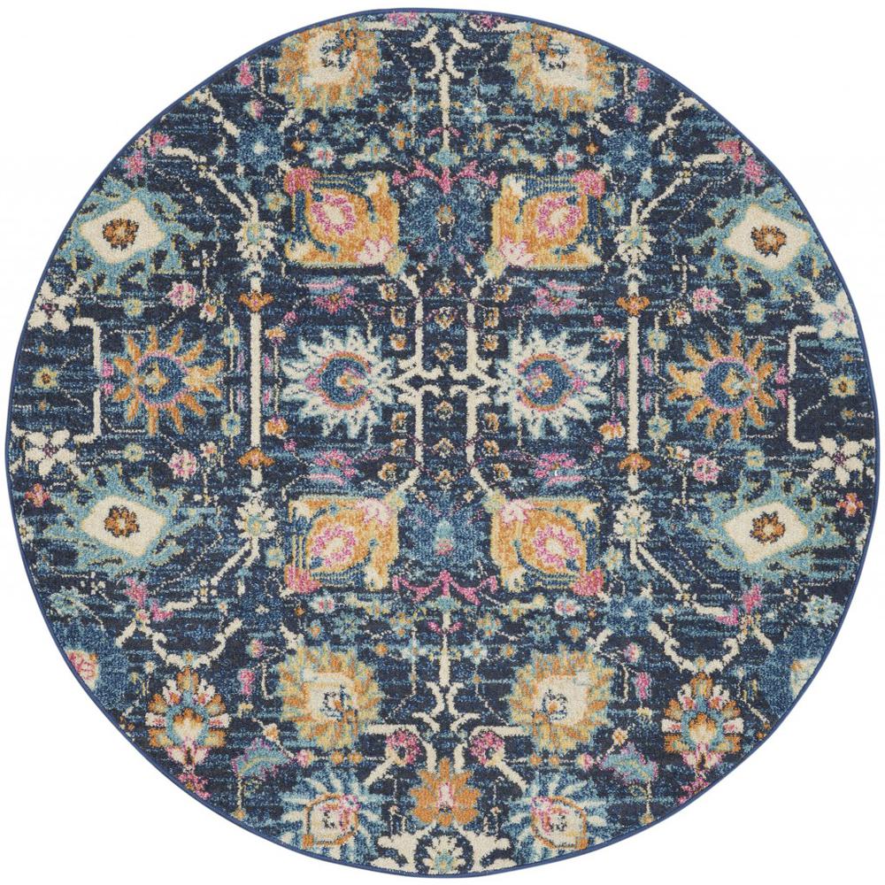 4’ Round Navy Blue Floral Buds Area Rug - 385228. Picture 1