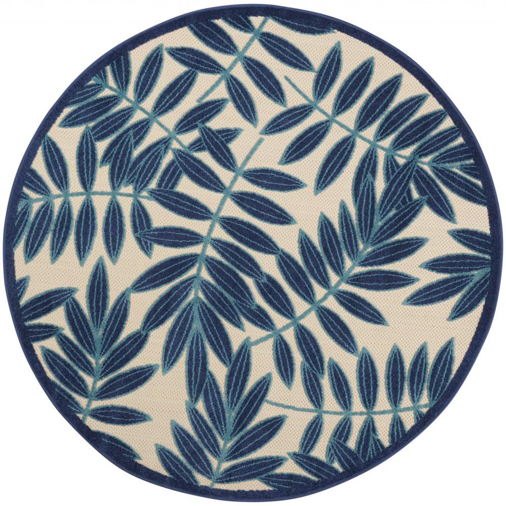 4’ Round Navy and Beige Leaves Indoor Outdoor Area Rug - 385231. Picture 1