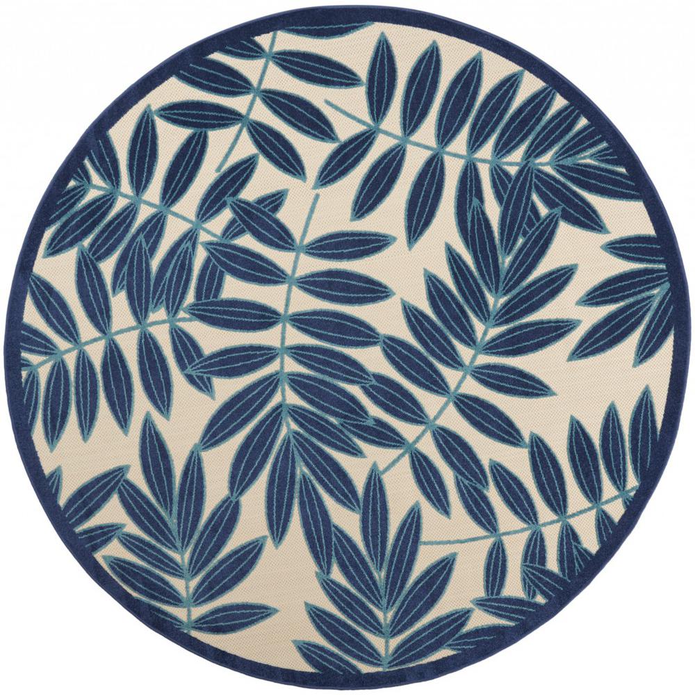 8’ Round Navy and Beige Leaves Indoor Outdoor Area Rug - 385235. Picture 1