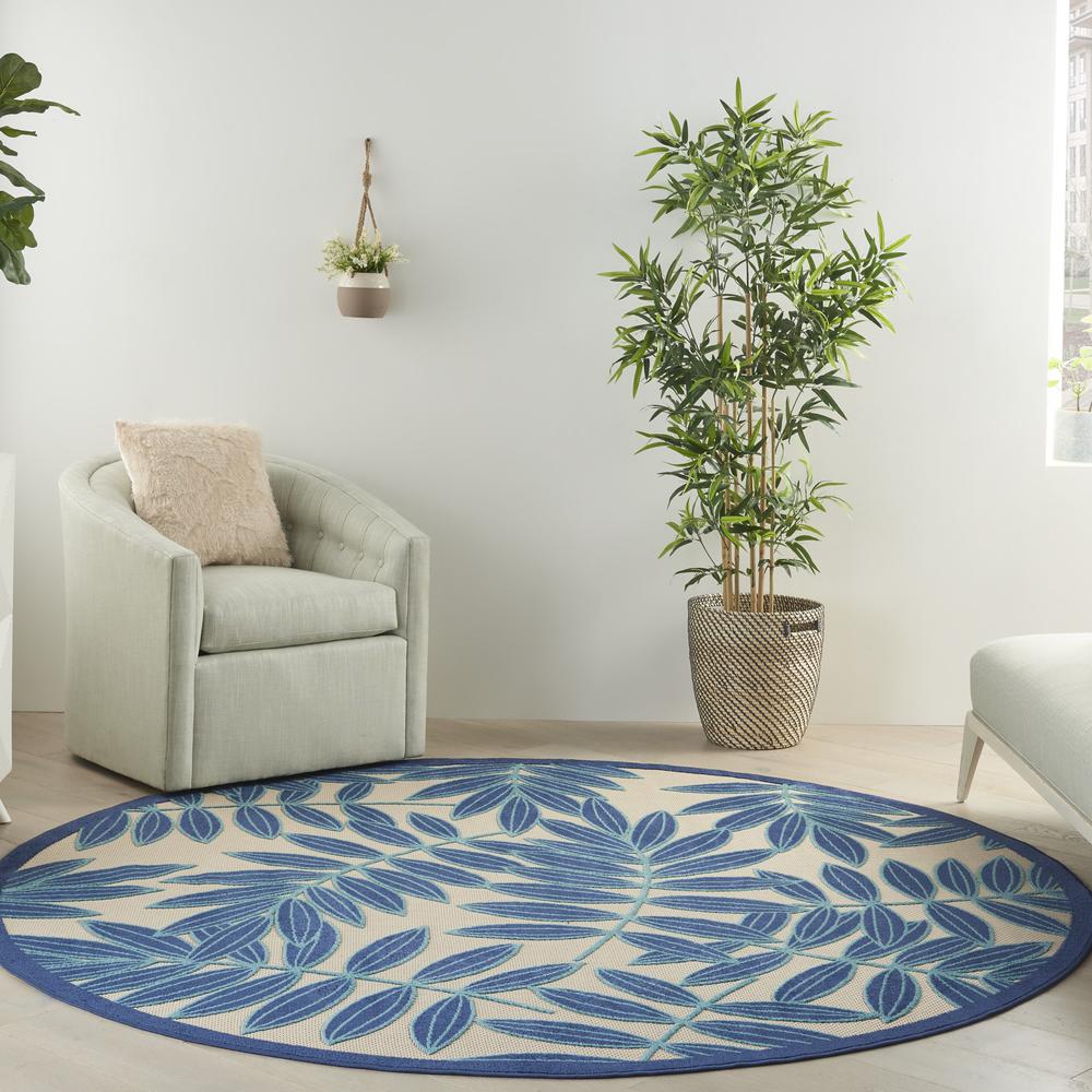 8’ Round Navy and Beige Leaves Indoor Outdoor Area Rug - 385235. Picture 9