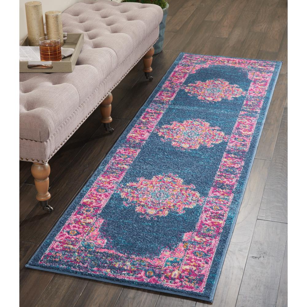2’ x 10’ Blue and Pink Medallion Runner Rug Blue. Picture 2