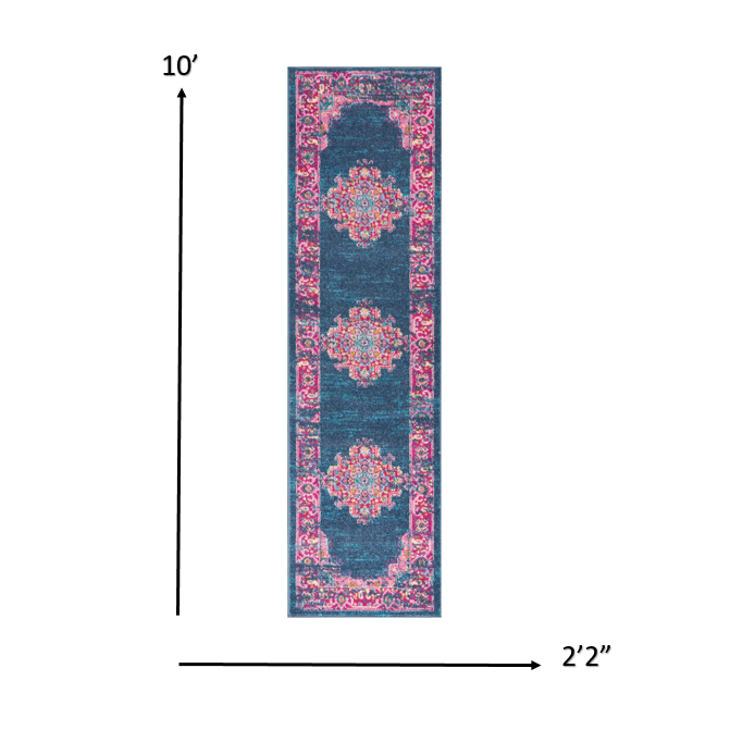 2’ x 10’ Blue and Pink Medallion Runner Rug Blue. Picture 5