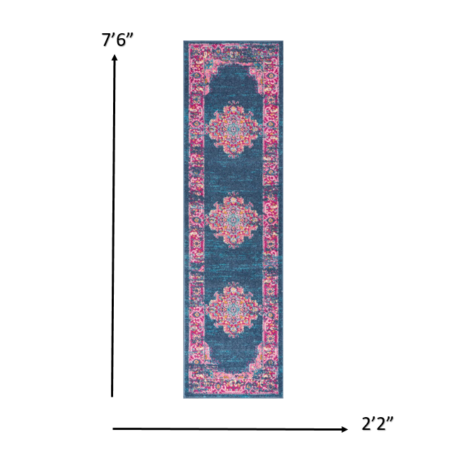 2’ x 8’ Blue and Pink Medallion Runner Rug Blue. Picture 5