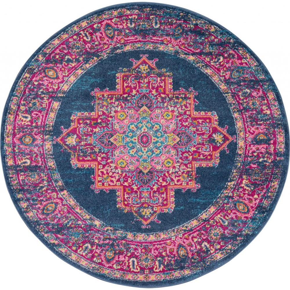 4’ Round Blue and Pink Medallion Area Rug Blue. Picture 1