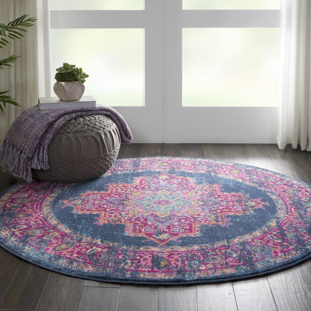 4’ Round Blue and Pink Medallion Area Rug Blue. Picture 3