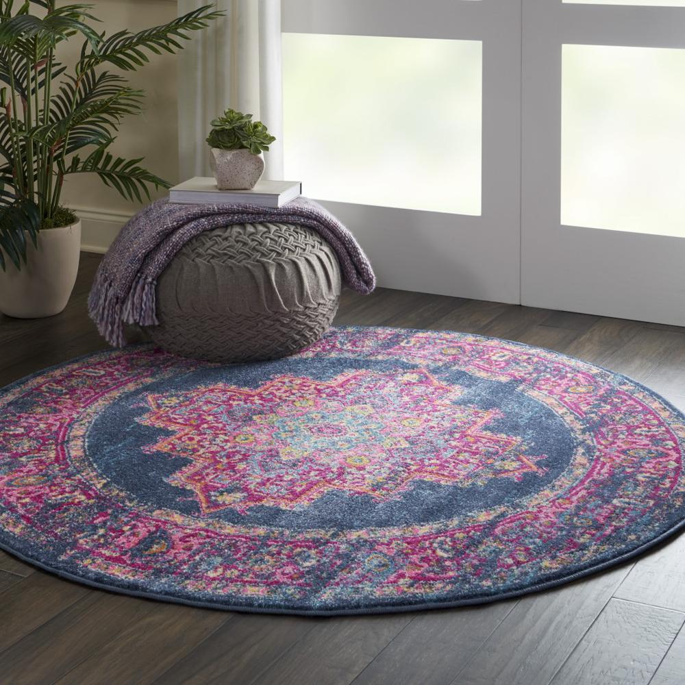 4’ Round Blue and Pink Medallion Area Rug Blue. Picture 5