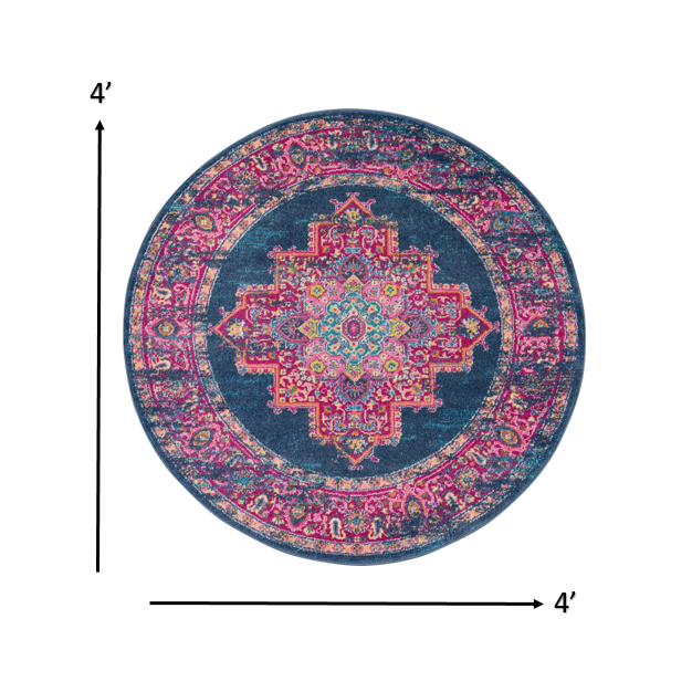4’ Round Blue and Pink Medallion Area Rug Blue. Picture 6