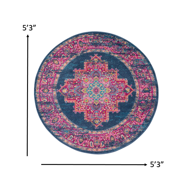 5’ Round Blue and Pink Medallion Area Rug Blue. Picture 6
