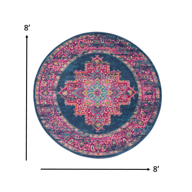 8’ Round Blue and Pink Medallion Area Rug Blue. Picture 8