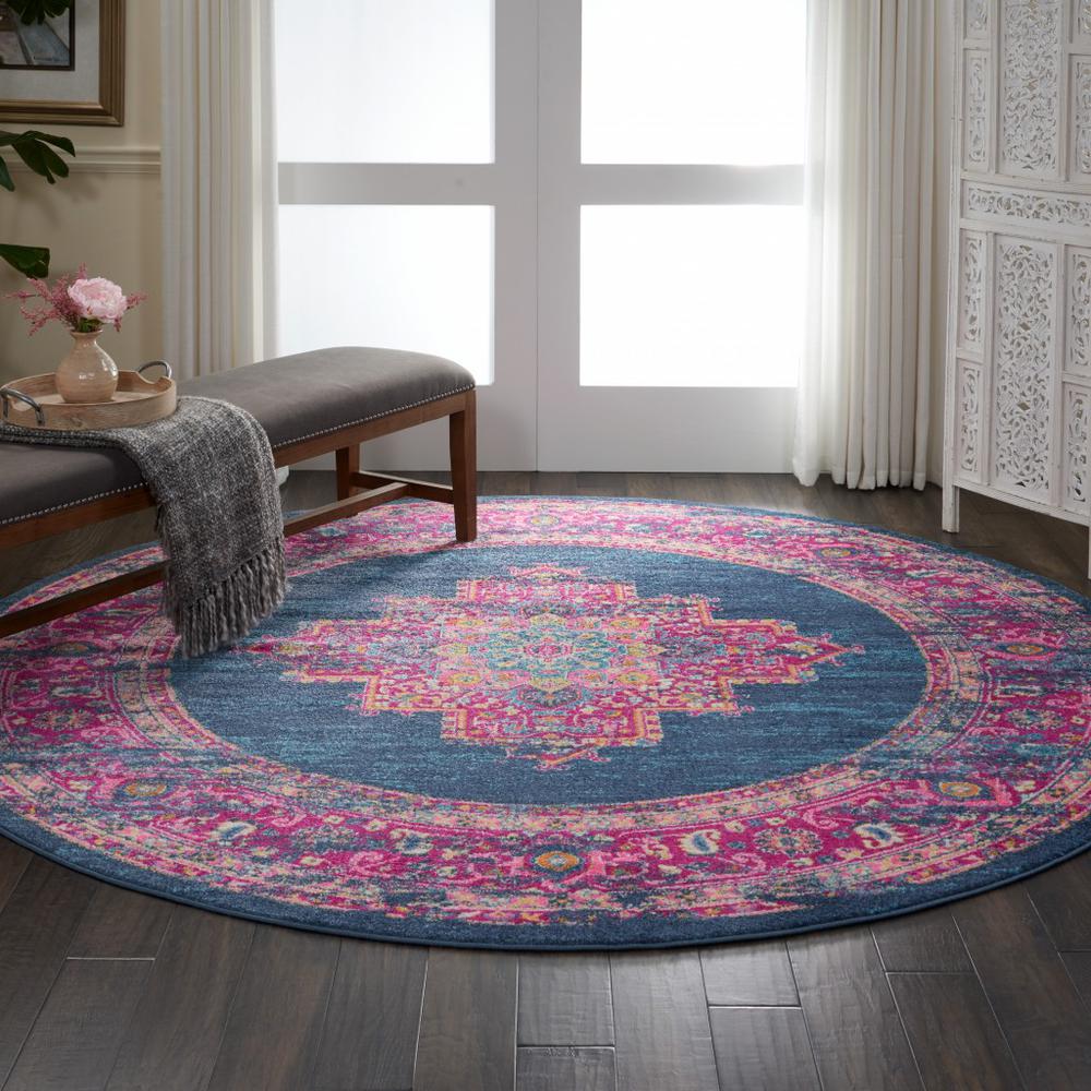 8’ Round Blue and Pink Medallion Area Rug Blue. Picture 3