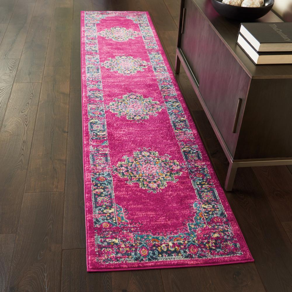 2’ x 10’ Fuchsia and Blue Distressed Runner Rug Fuchsia. Picture 4