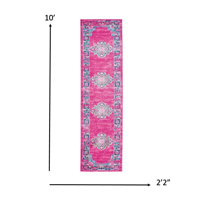 2’ x 10’ Fuchsia and Blue Distressed Runner Rug Fuchsia. Picture 5