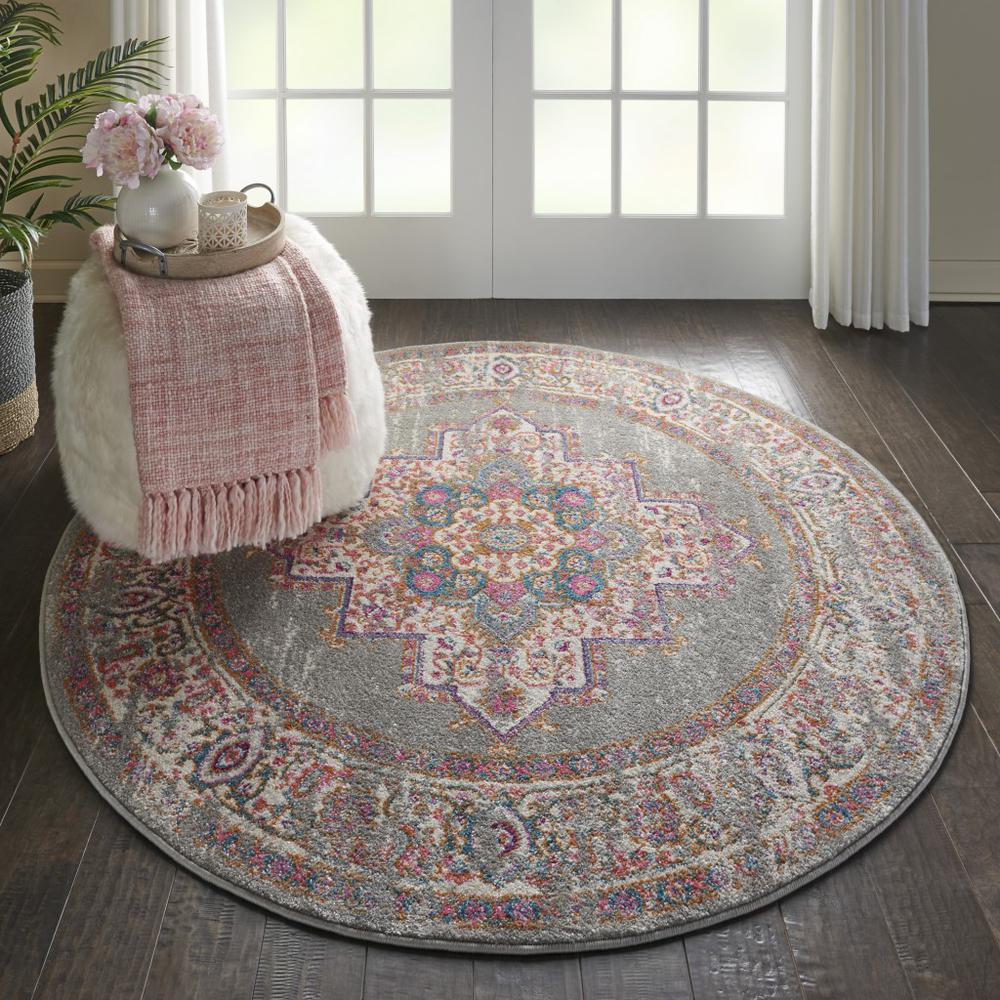 4’ Round Gray and Gold Medallion Area Rug Grey. Picture 4
