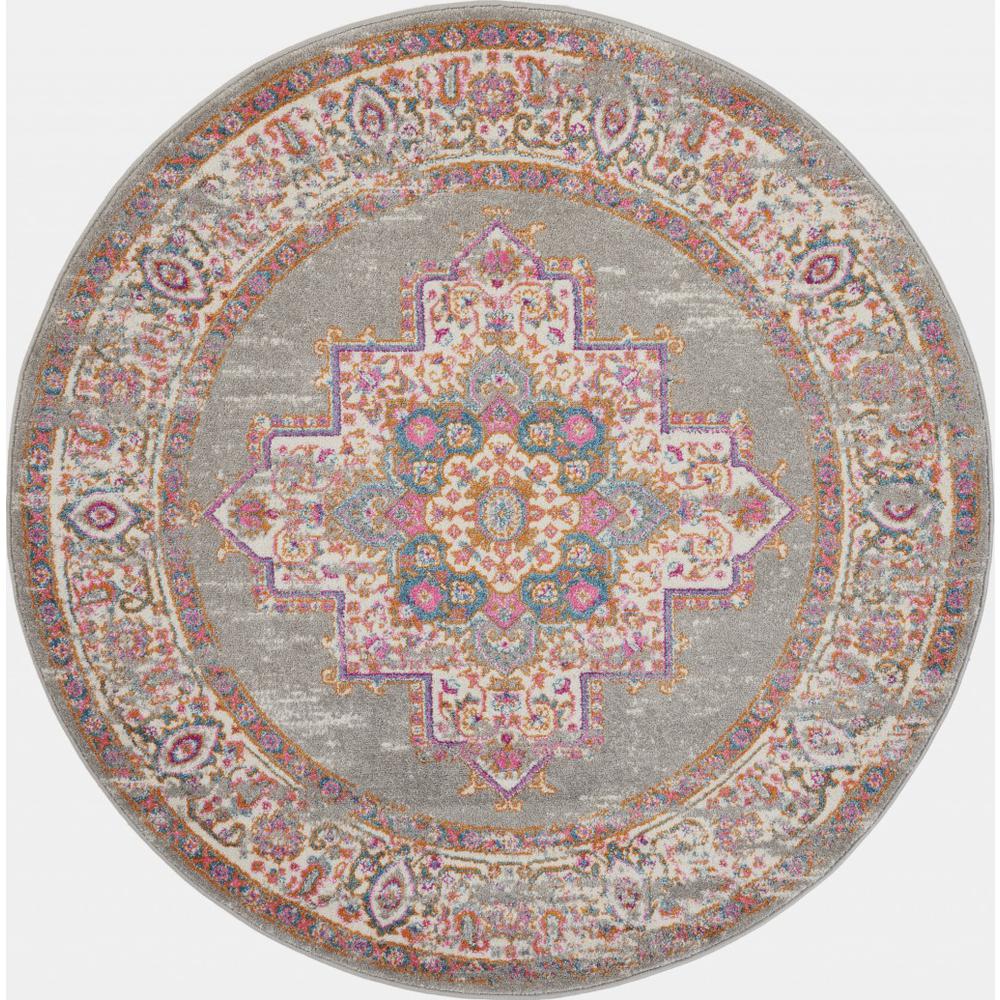 5’ Round Gray and Gold Medallion Area Rug Grey. The main picture.