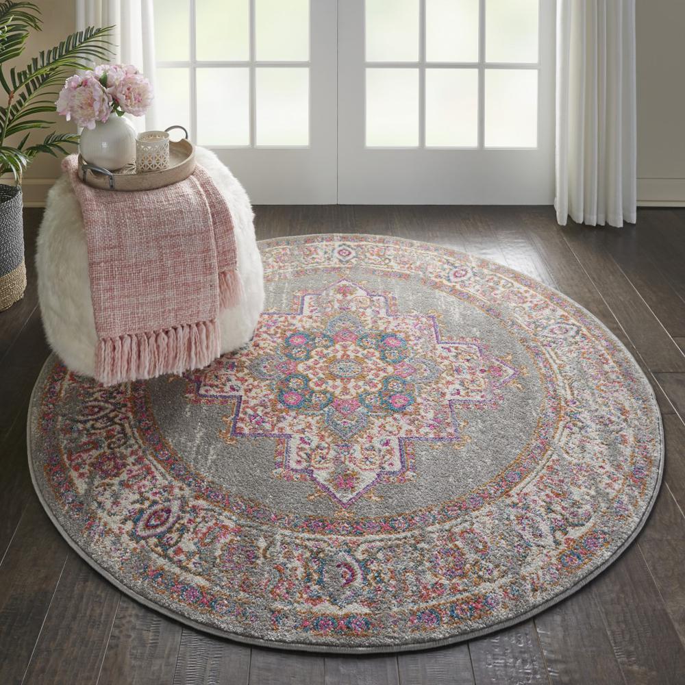 5’ Round Gray and Gold Medallion Area Rug Grey. Picture 4