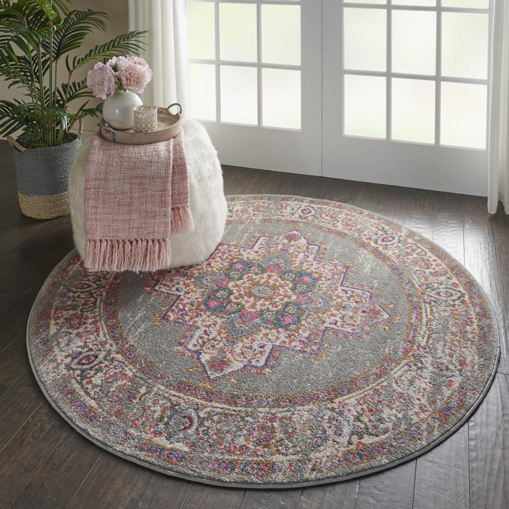 5’ Round Gray and Gold Medallion Area Rug Grey. Picture 6