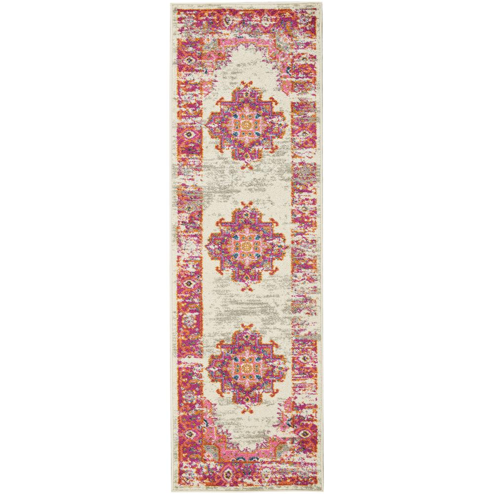 2’ x 6' Ivory and Fuchsia Distressed Runner Rug Ivory/Fuchsia. Picture 1