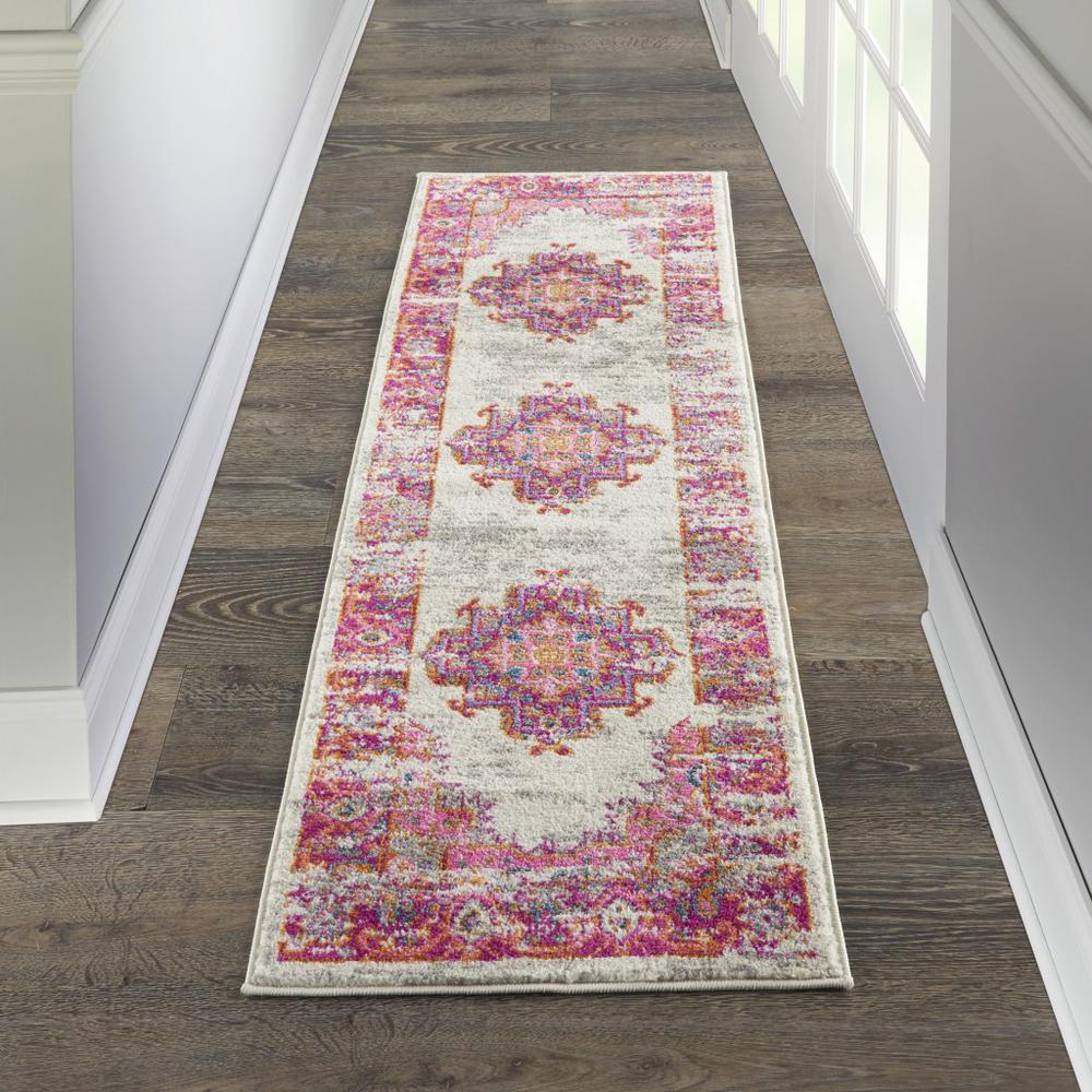 2’ x 6' Ivory and Fuchsia Distressed Runner Rug Ivory/Fuchsia. Picture 4