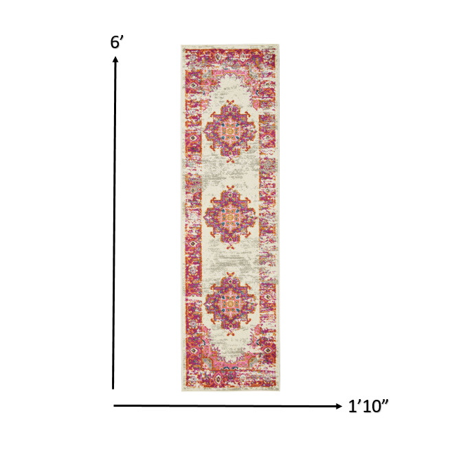 2’ x 6' Ivory and Fuchsia Distressed Runner Rug Ivory/Fuchsia. Picture 6
