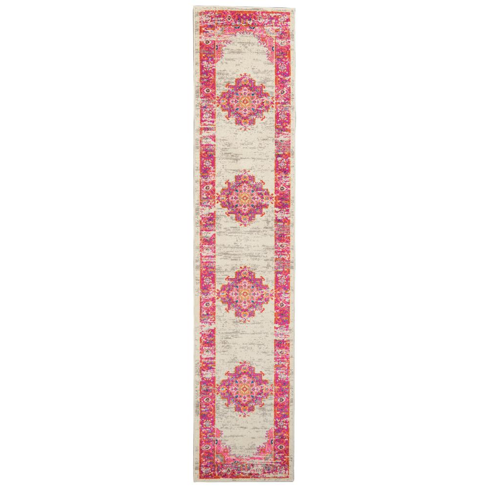 2’ x 10' Ivory and Fuchsia Distressed Runner Rug Ivory/Fuchsia. Picture 1