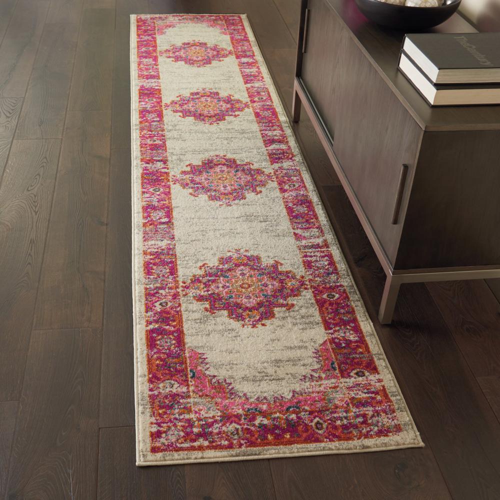 2’ x 10' Ivory and Fuchsia Distressed Runner Rug Ivory/Fuchsia. Picture 4