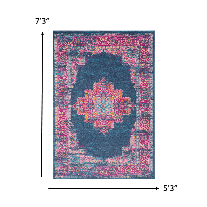 5’ x 7’ Blue and Pink Medallion Area Rug Blue. Picture 7