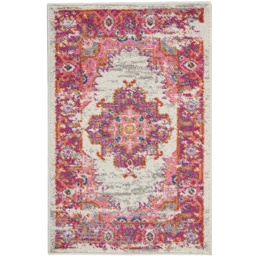 2’ x 3' Ivory and Fuchsia Distressed Scatter Rug Ivory/Fuchsia. Picture 1