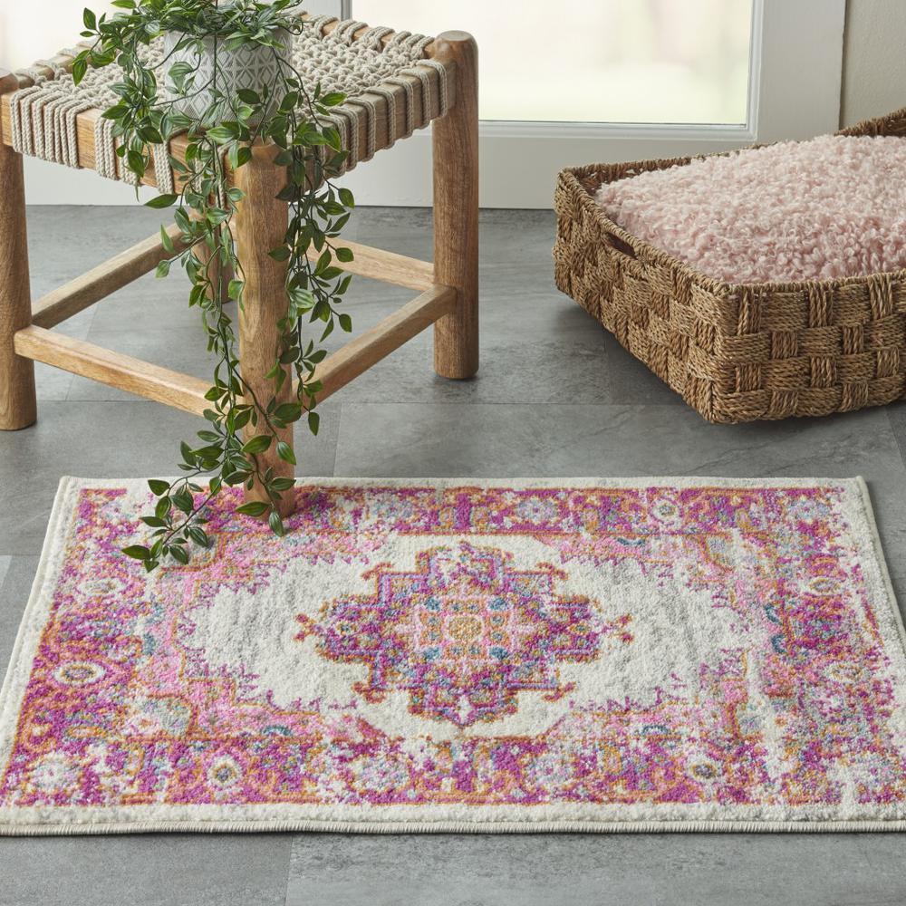 2’ x 3' Ivory and Fuchsia Distressed Scatter Rug Ivory/Fuchsia. Picture 4