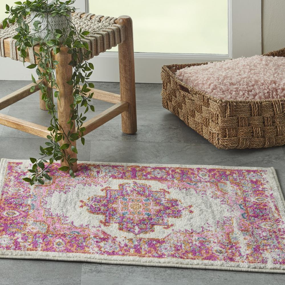 2’ x 3' Ivory and Fuchsia Distressed Scatter Rug Ivory/Fuchsia. Picture 7