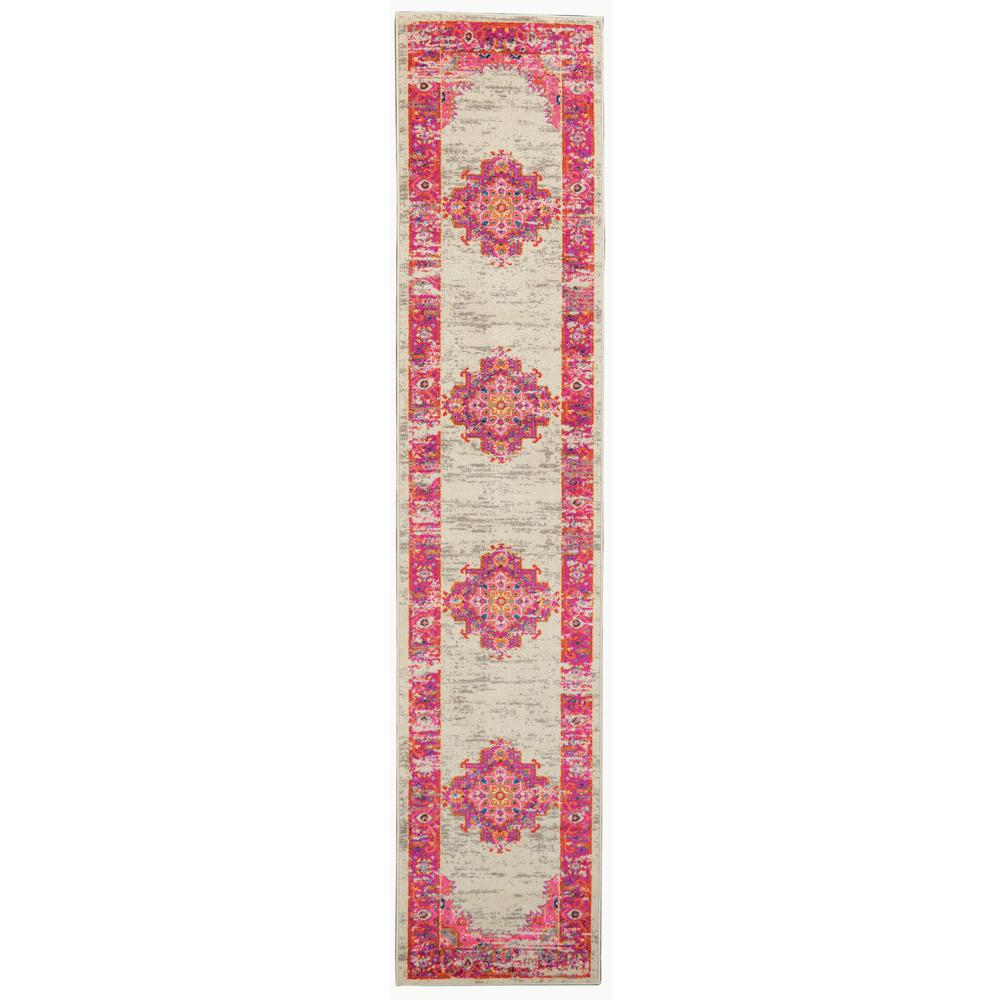 2’ x 8' Ivory and Fuchsia Distressed Runner Rug Ivory/Fuchsia. Picture 1