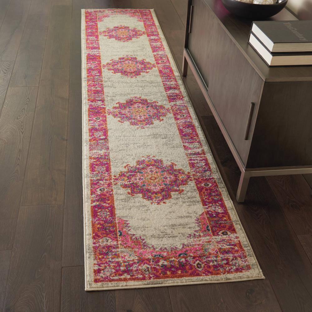 2’ x 8' Ivory and Fuchsia Distressed Runner Rug Ivory/Fuchsia. Picture 4