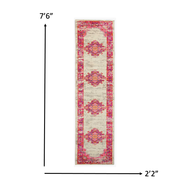 2’ x 8' Ivory and Fuchsia Distressed Runner Rug Ivory/Fuchsia. Picture 6