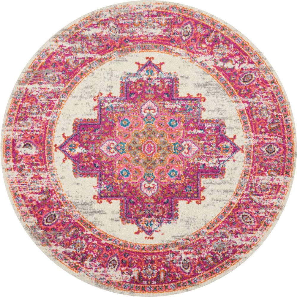 4’ Round Ivory and Fuchsia Distressed Area Rug Ivory/Fuchsia. Picture 1