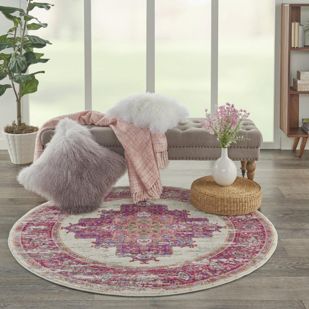 4’ Round Ivory and Fuchsia Distressed Area Rug Ivory/Fuchsia. Picture 4