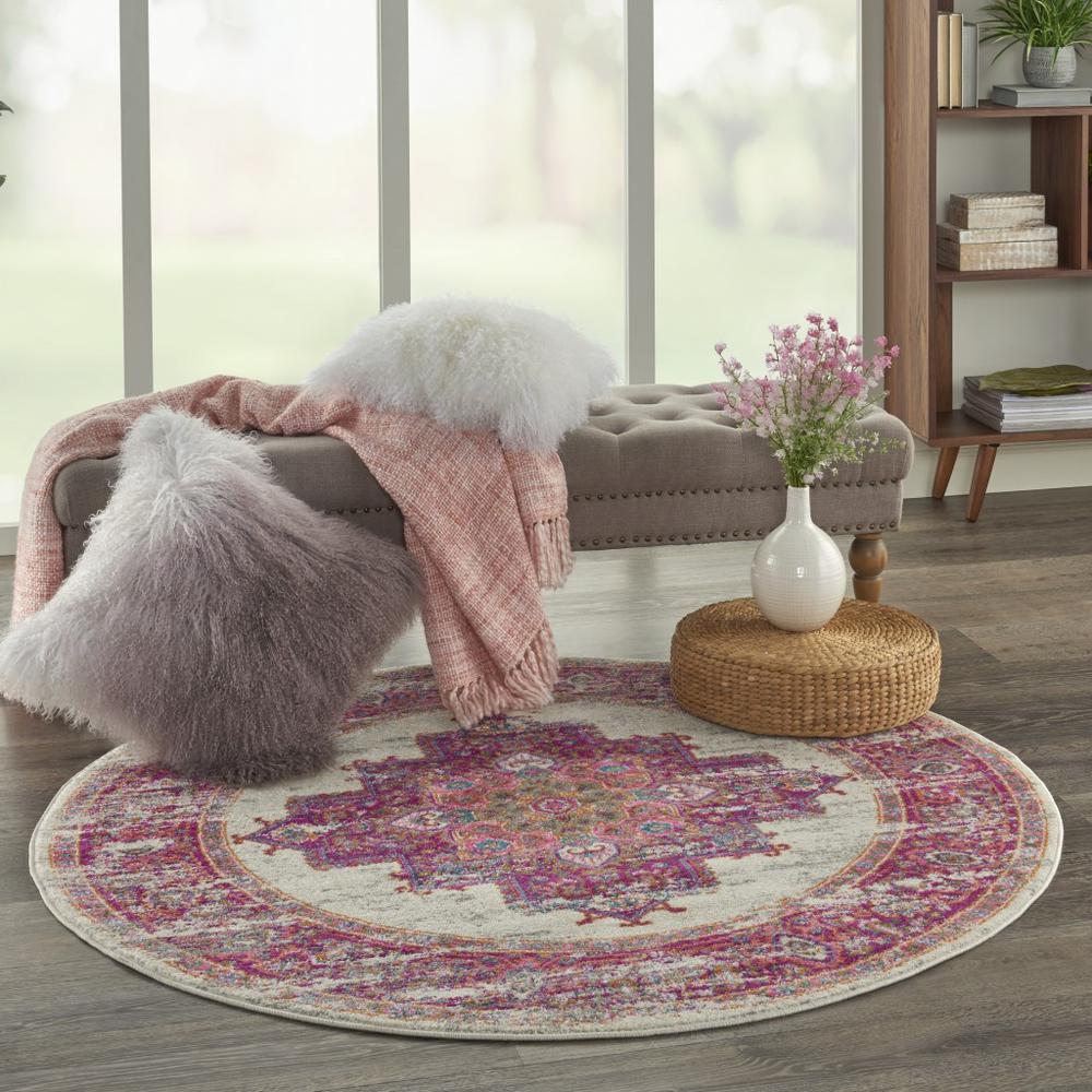 4’ Round Ivory and Fuchsia Distressed Area Rug Ivory/Fuchsia. Picture 7
