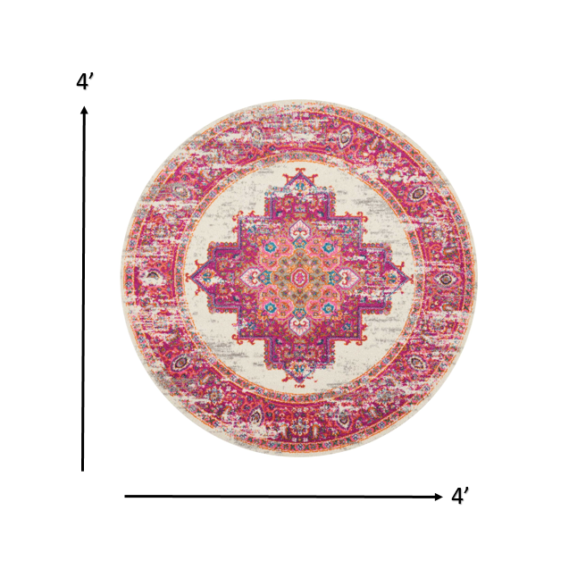 4’ Round Ivory and Fuchsia Distressed Area Rug Ivory/Fuchsia. Picture 8