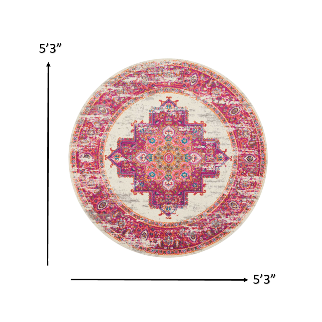 5’ Round Ivory and Fuchsia Distressed Area Rug Ivory/Fuchsia. Picture 8
