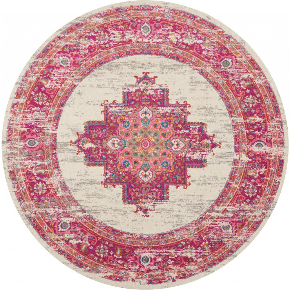 8’ Round Ivory and Fuchsia Distressed Area Rug Ivory/Fuchsia. Picture 1