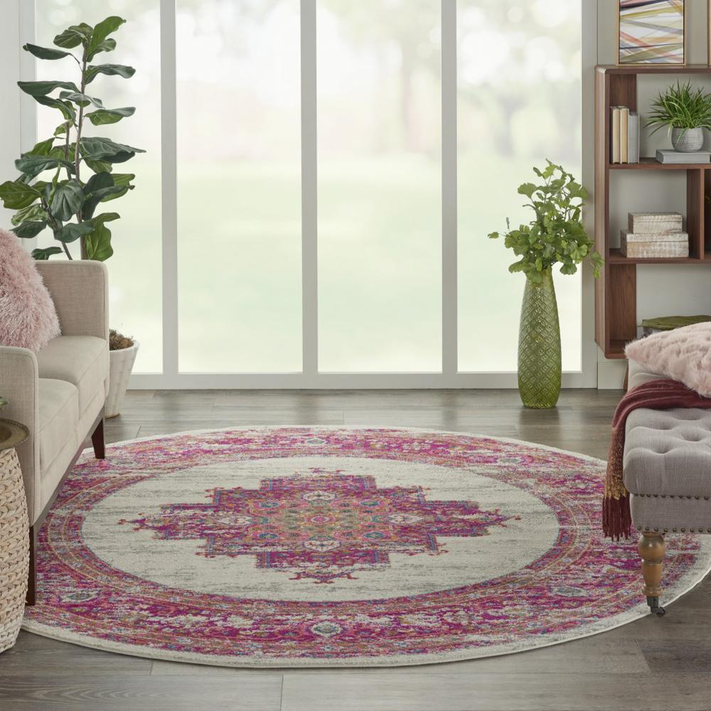 8’ Round Ivory and Fuchsia Distressed Area Rug Ivory/Fuchsia. Picture 4