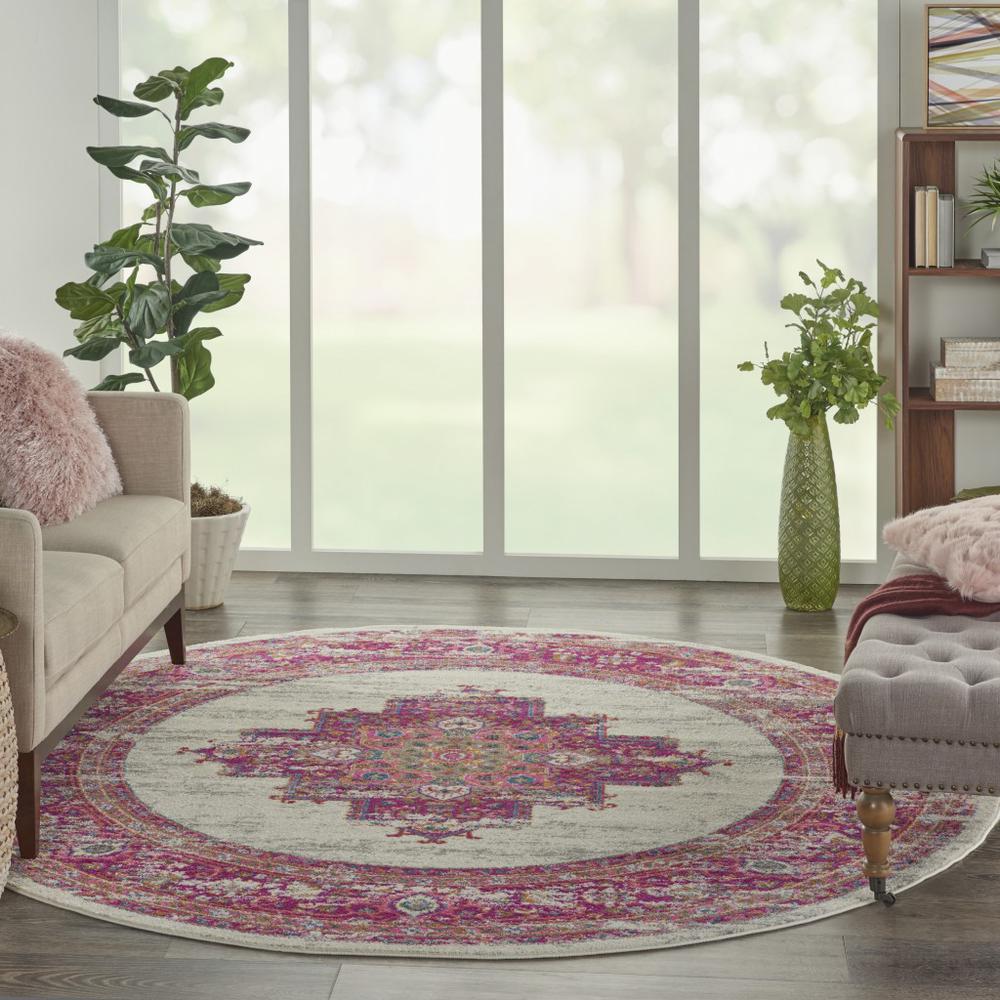 8’ Round Ivory and Fuchsia Distressed Area Rug Ivory/Fuchsia. Picture 7