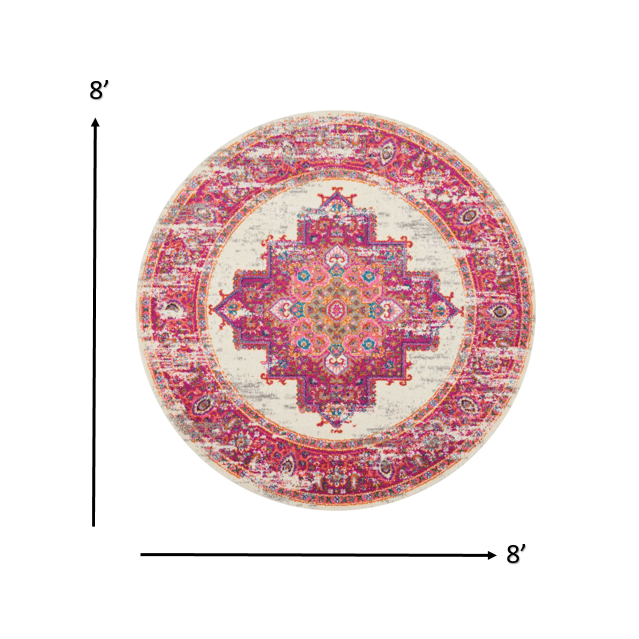 8’ Round Ivory and Fuchsia Distressed Area Rug Ivory/Fuchsia. Picture 8
