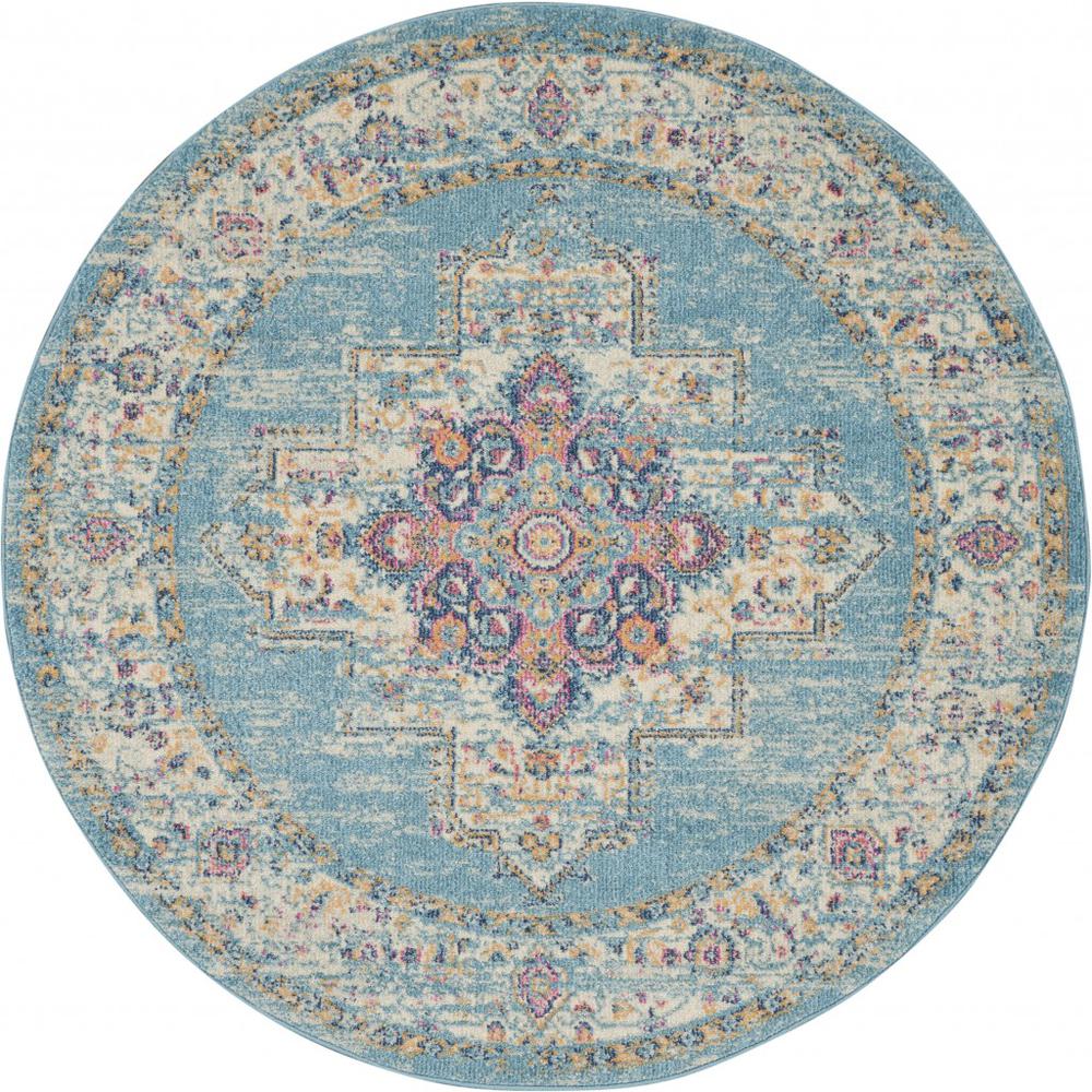4’ Round Light Blue Distressed Medallion Area Rug - 385333. Picture 1