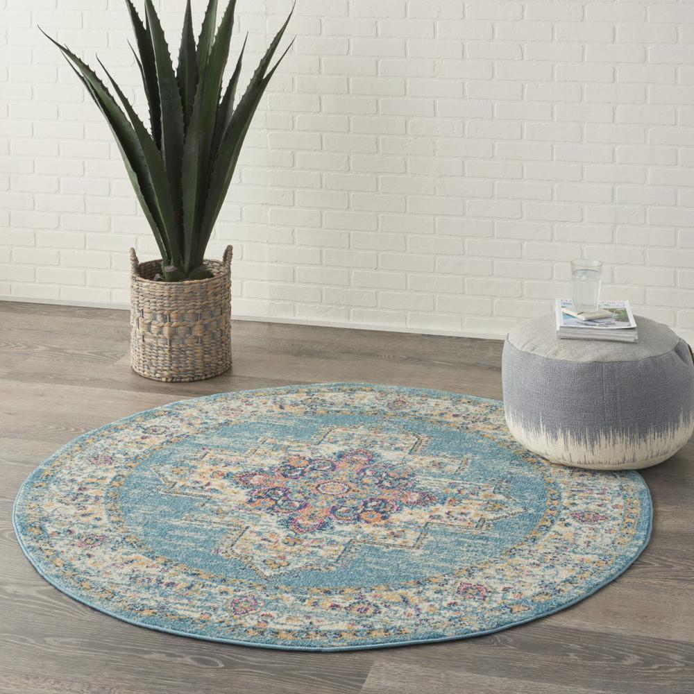 5’ Round Light Blue Distressed Medallion Area Rug - 385335. Picture 6